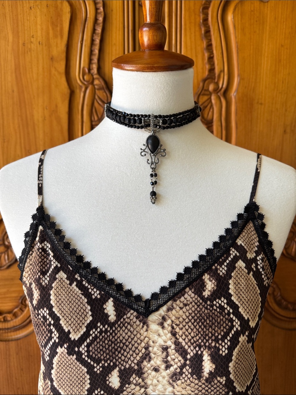 Maya Black Beaded Choker Necklace with Ornate Pendant